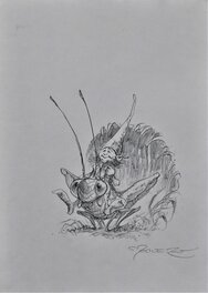Pascal Moguérou - Petit lutin sur sa sauterelle - Original art